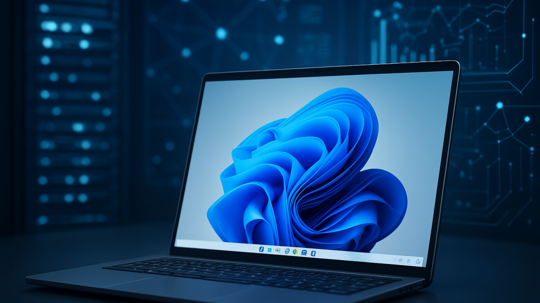 A modern laptop displaying the Windows 11 interface with a blue abstract design on the screen, set against a dark tech b