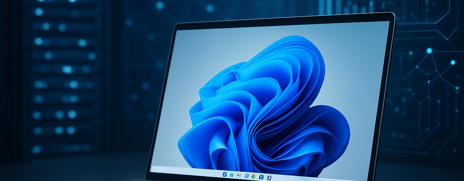 A modern laptop displaying the Windows 11 interface with a blue abstract design on the screen, set against a dark tech b
