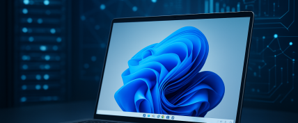 A modern laptop displaying the Windows 11 interface with a blue abstract design on the screen, set against a dark tech b