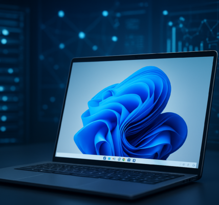 A modern laptop displaying the Windows 11 interface with a blue abstract design on the screen, set against a dark tech b