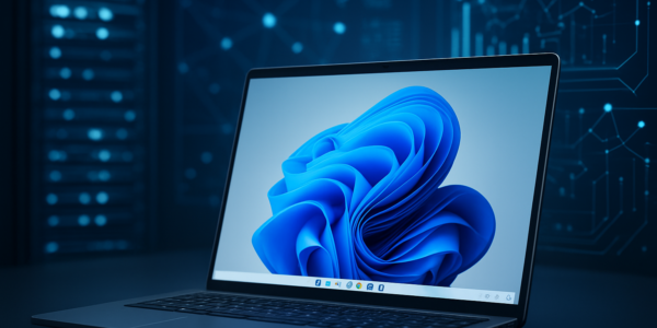 A modern laptop displaying the Windows 11 interface with a blue abstract design on the screen, set against a dark tech b